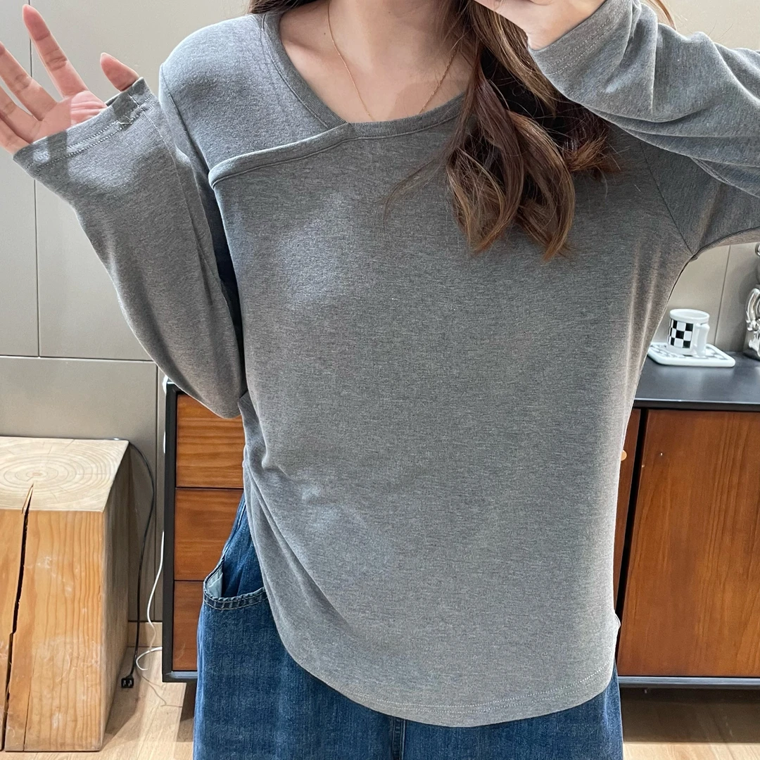 【k姐简约定制】斜领纯色设计感长袖T恤女春宽松显瘦打底衫E066