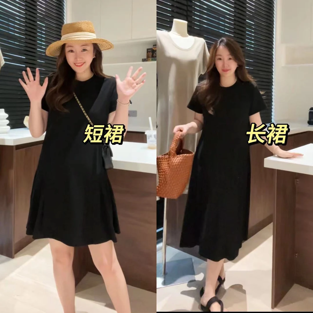 【K姐简约定制】长/短款压褶纯色宽松显瘦女夏超显瘦连衣裙D930
