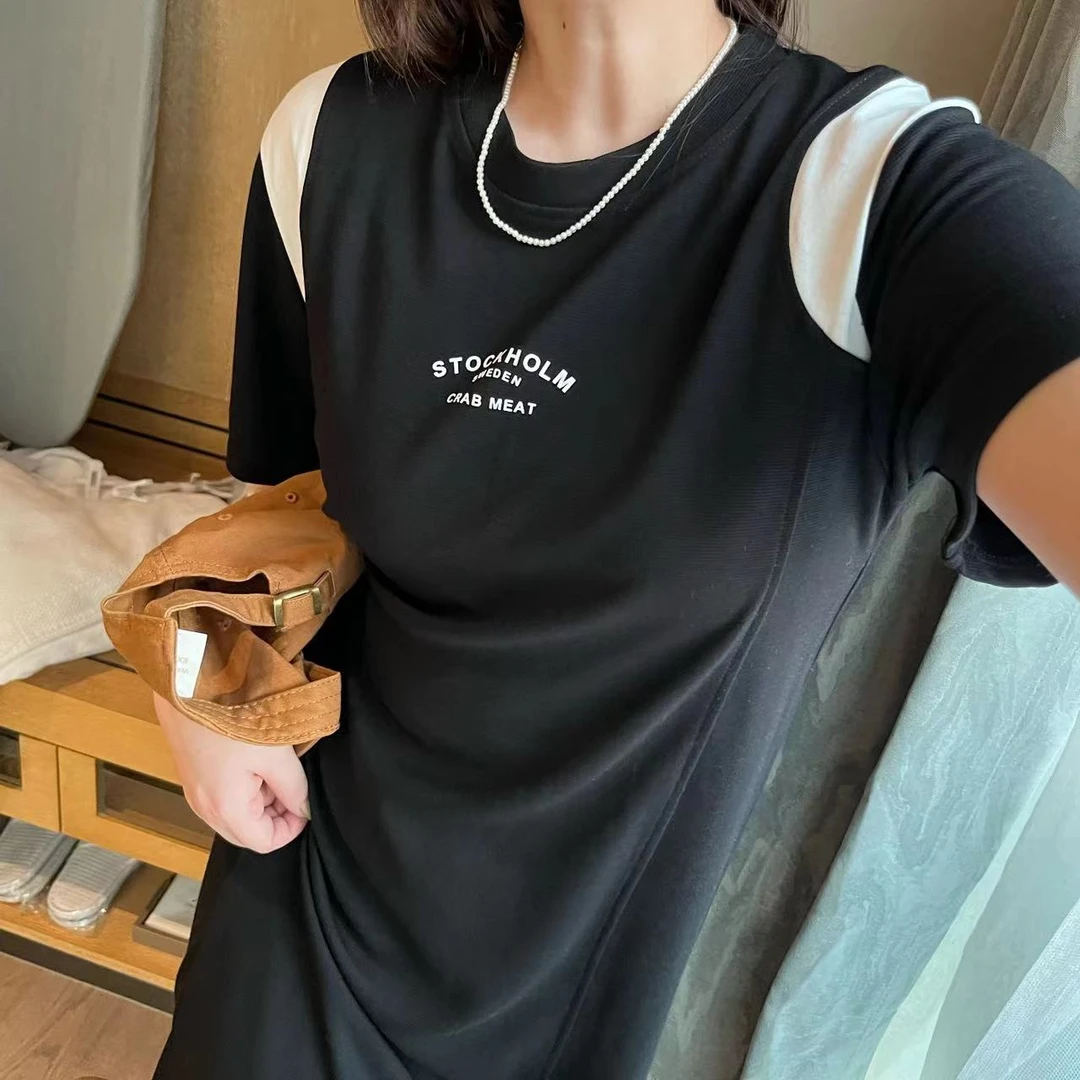 【K姐简约定制】立体字母休印花宽松显瘦女拼色短袖连衣裙D861