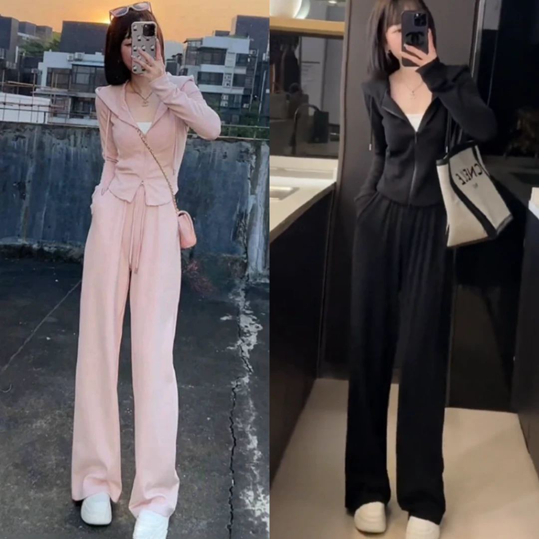 小个子休闲运动连帽卫衣高腰阔腿裤套装女2025春款气质显瘦两件套