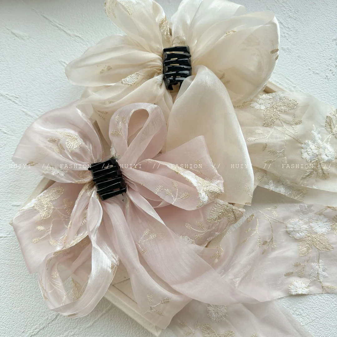 FJ2866飘带碎花蝴蝶结抓夹重工新中式国风绑发马尾夹氛围感发夹