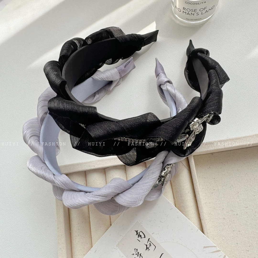 FG2829小众设计师梦里的蝴蝶结水钻链条百褶花边发卡公主重工头箍