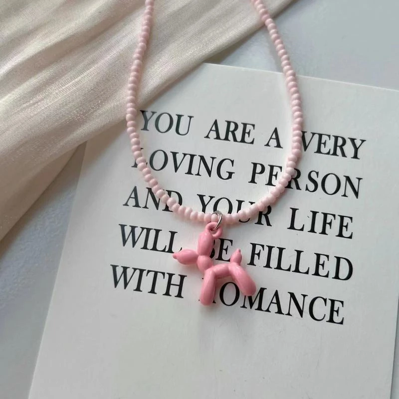 非金属树脂吊坠 粉色气球狗吊坠项链甜美小清新串珠锁骨链小众ins