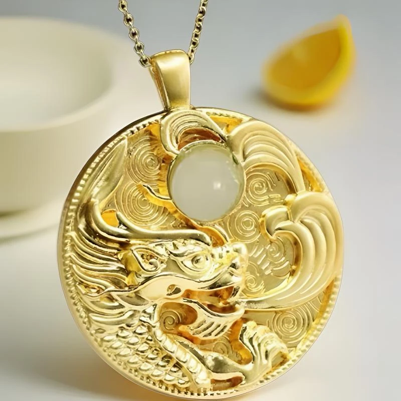 和田玉 轻奢雕刻 龙戏珠项链吊坠-CH-2A