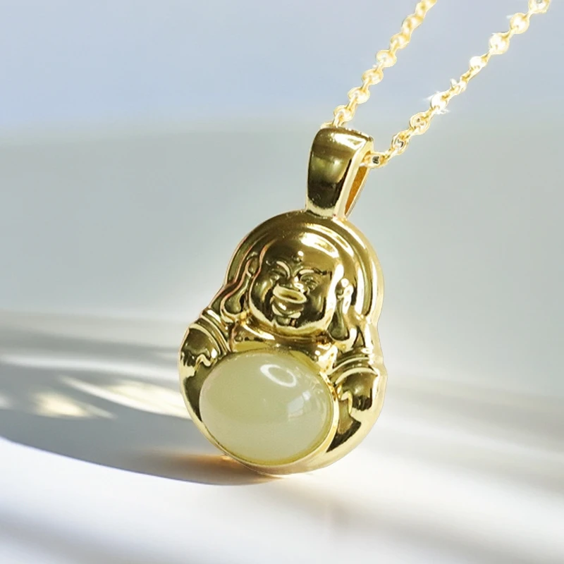 和田玉 轻奢大气 慈面常笑弥勒佛项链吊坠-CH-2A