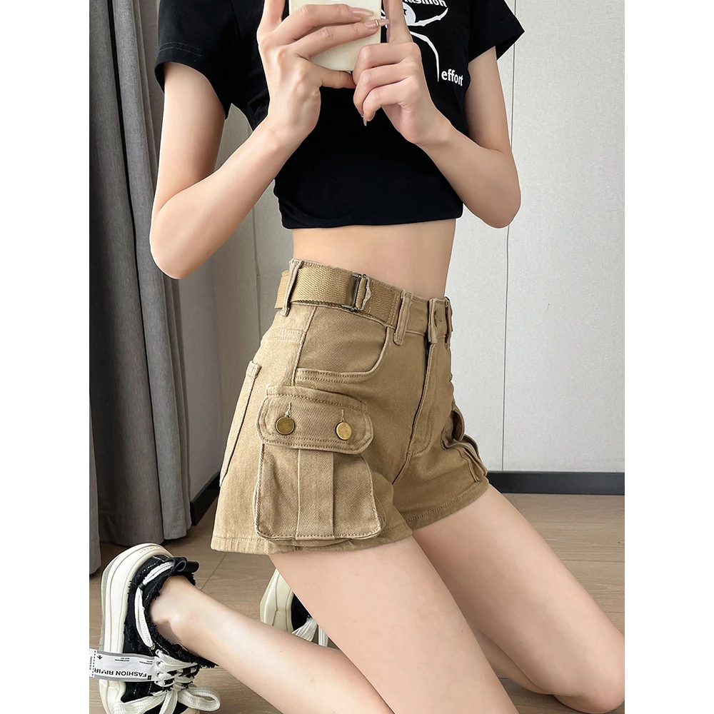 卓艺天资卡其色工装牛仔短裤女2024夏季新款高腰美式超短百搭休闲