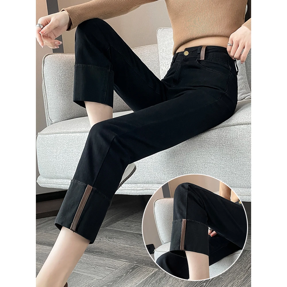 黑色卷边烟管牛仔裤女2025春季新款高腰小个子九分小直筒裤ins