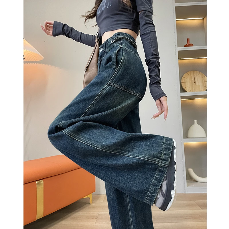 美式复古阔腿牛仔裤女春季2025年新款高腰显瘦宽松设计感直筒裤子