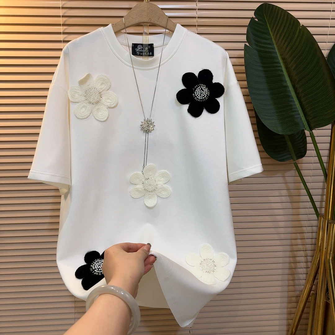 （韩衣）2024冬季新款遮肉显瘦宽松时尚洋气减龄款立体花朵大码T恤