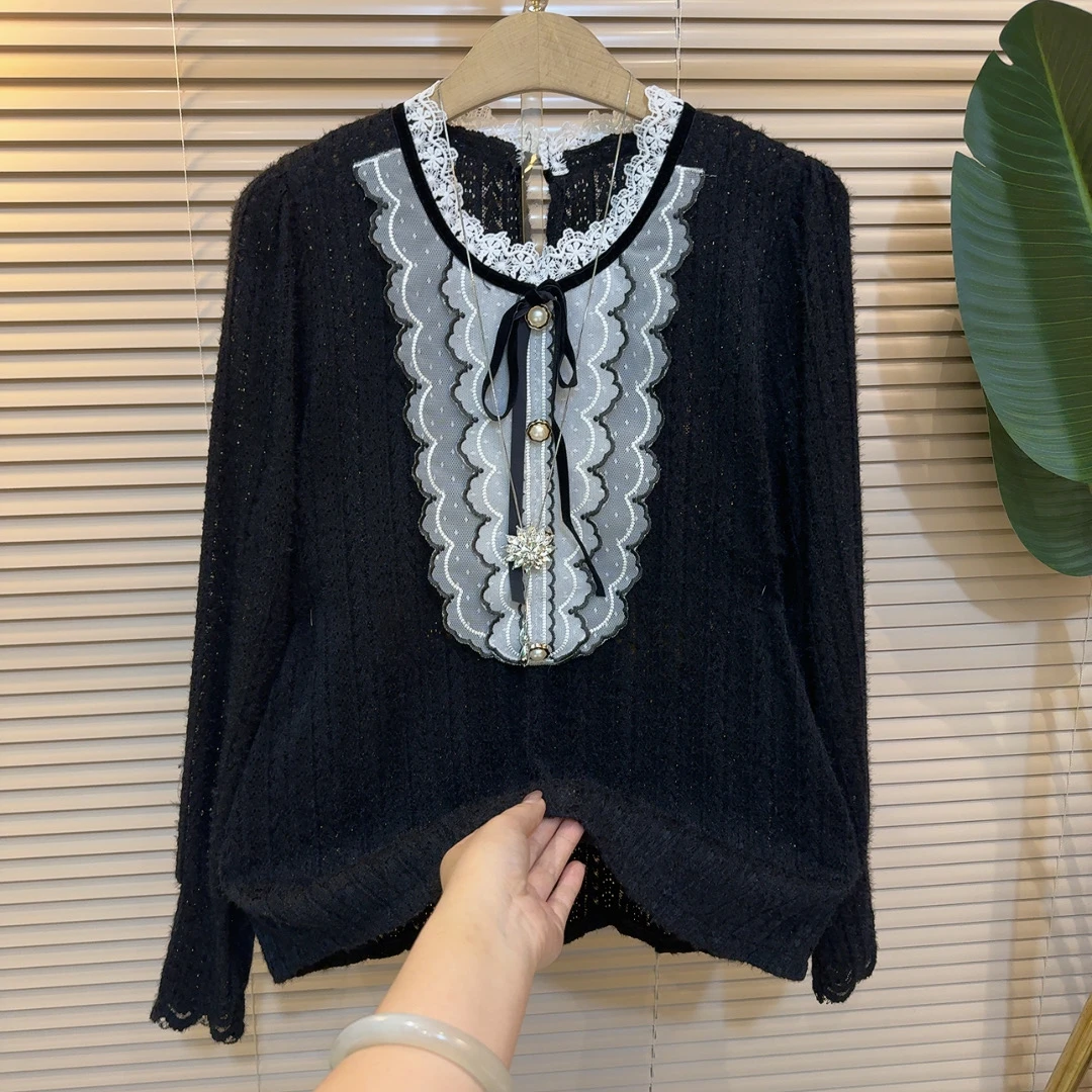 大码女装秋季新品甜美时尚蕾丝衫女韩版法式复古长袖气质打底衫潮