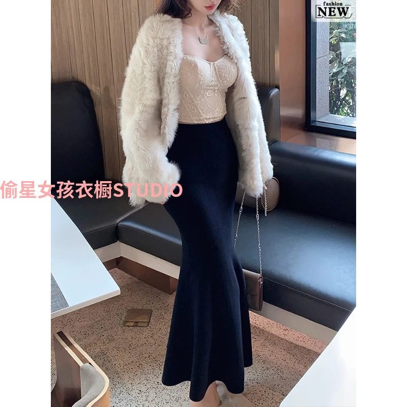 黑色针织鱼尾半身裙女秋冬包臀高级感气质高腰显瘦a字荷叶边长裙