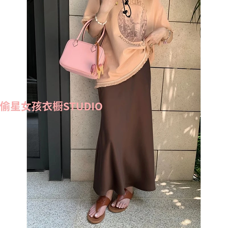 法式醋酸缎面半身裙女夏季高腰中长款鱼尾裙2025新款小个子长裙子