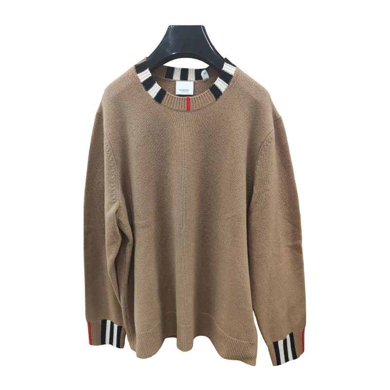 【双11好礼】Burberry /博柏丽 男士米色羊毛饰条纹罗纹圆领针织衫
