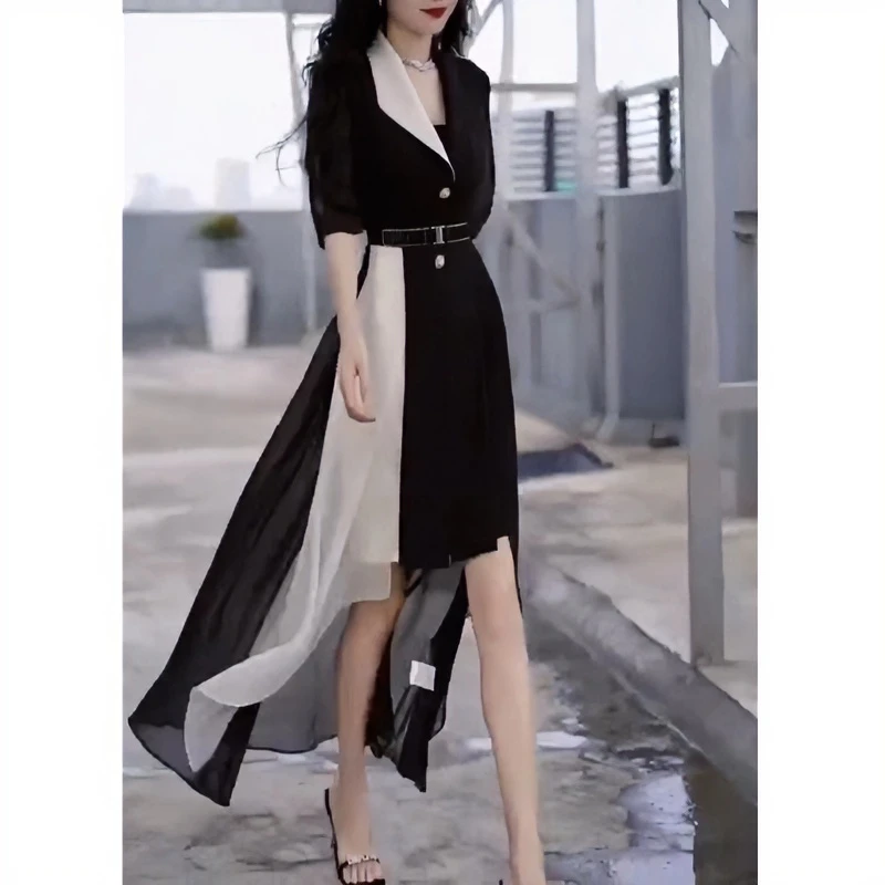 2025网红时尚气质轻奢夏季新款御姐范拼接连衣裙中长款不规则女裙