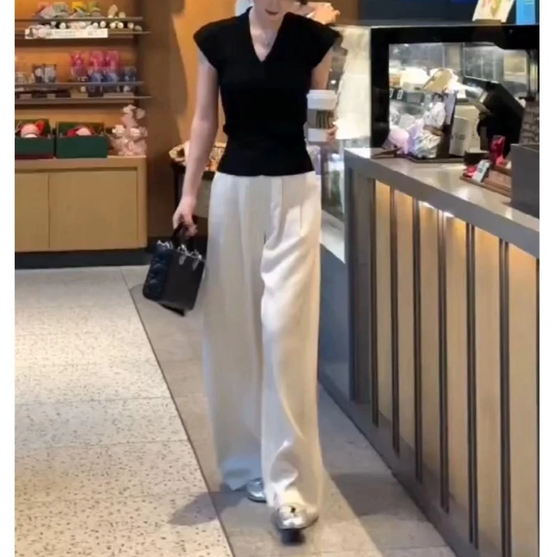 2025夏季新款V领修身无袖上衣高腰阔腿长裤显瘦白色休闲时尚宽松