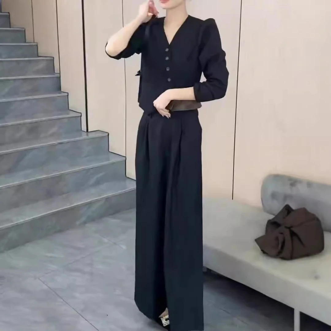 249052025秋季新款时尚高端拼接V领上衣阔腿裤两件套女