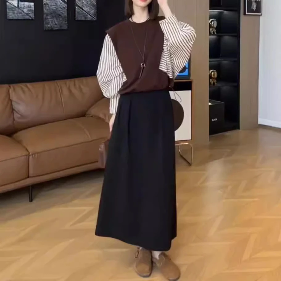 24932网红爆款女2025新款宽松假两件拼接条纹上衣高腰半身裙女装