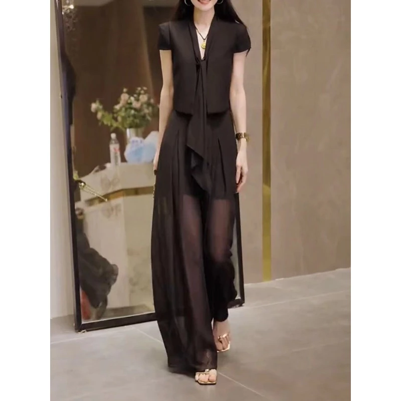 2025夏季新款盐系轻熟显瘦气质时尚洋气黑色上衣薄纱裤子两件套女