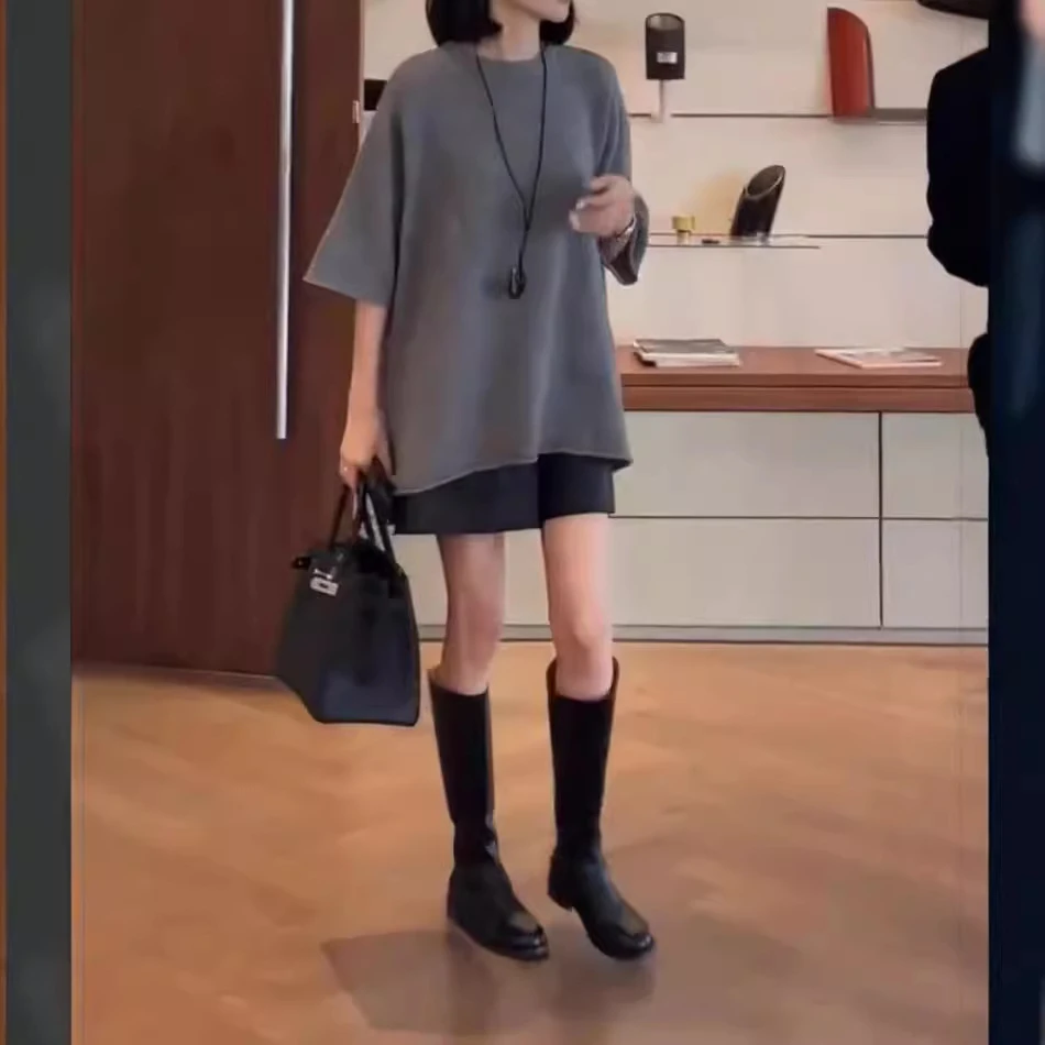 248952025新款韩版简约灰色宽松上衣高腰阔腿短裤女潮