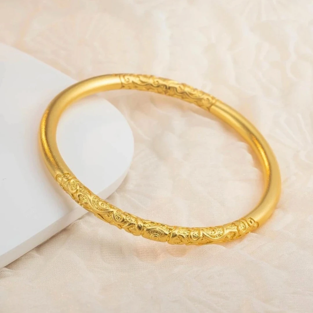 足银手镯 足银铸厚金宫廷风复古磨砂卷草纹樱花手镯