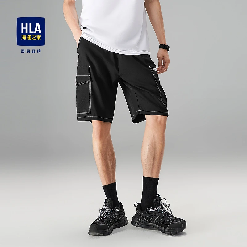【工装风】HLA海澜之家休闲中裤男系带字母印花短裤HKMCD2U015A