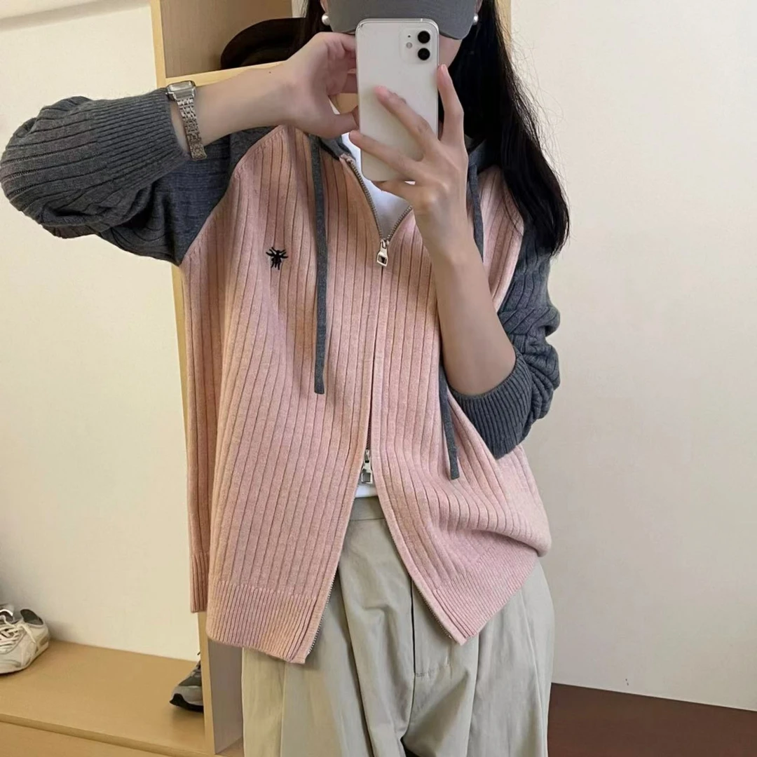 【拉链外套】设计感拼接针织卫衣外套秋冬韩版宽松连帽开衫百搭