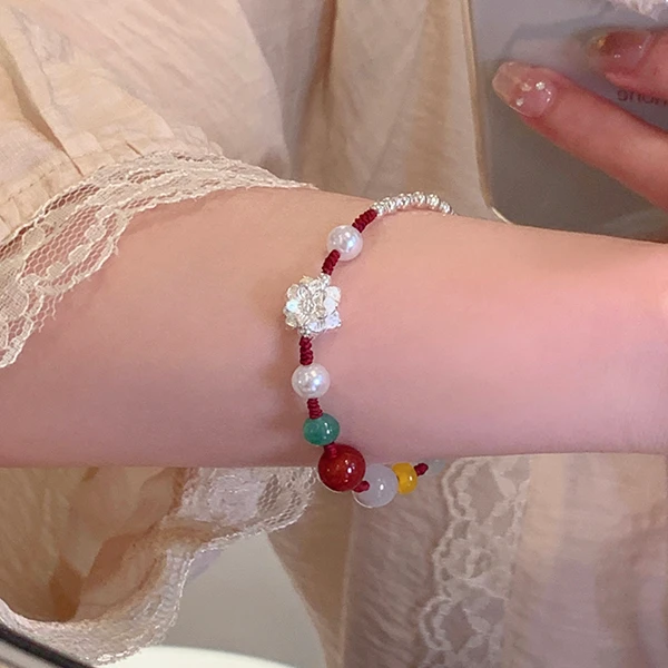 铜合金布艺手链 步步生莲~端午节莲花红绳手链女手工编织串珠手串