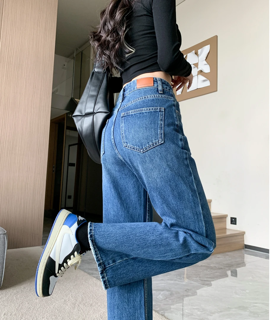 2025加绒小个子高个子新款法式高腰女装宝石蓝颜色窄版直筒牛仔裤