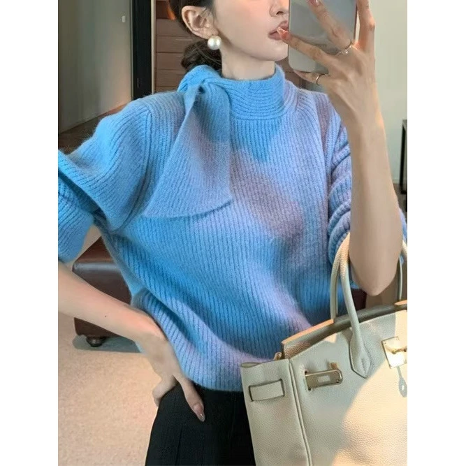 法式优雅温柔显瘦针织衫上衣女蝴蝶结绑带立领长袖套头毛衣网红