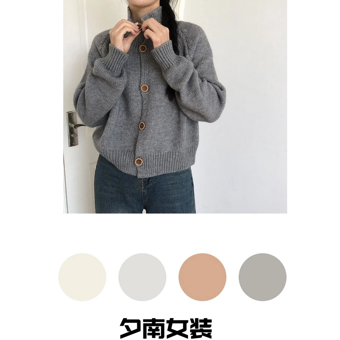 2025秋冬季新款韩系复古立领单排纽扣毛衣女款小个子短款针织开衫