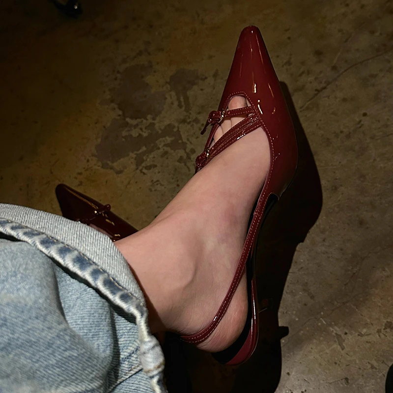 2024春夏新款尖头后空法式高跟鞋黑色性感气质百搭时尚包头凉鞋