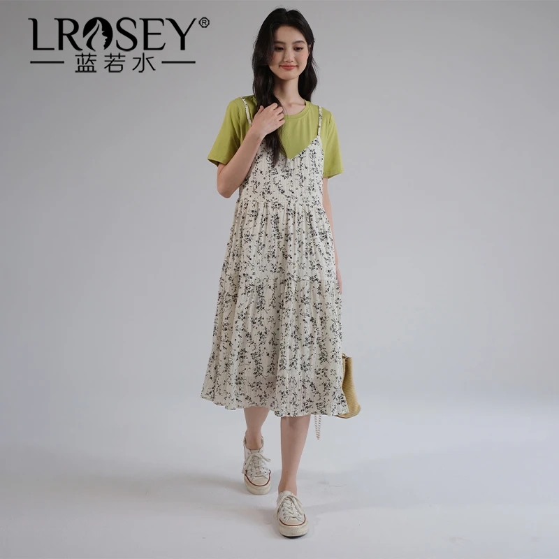 Lrosey/蓝若水大码女装假两件吊带淑女连衣裙甜美显瘦碎花裙8169