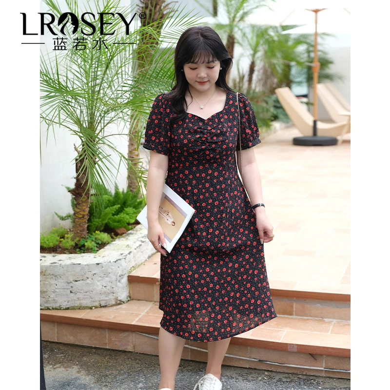 Lrosey/蓝若水大码女装夏季甜辣高腰显瘦方领碎花雪纺连衣裙0010