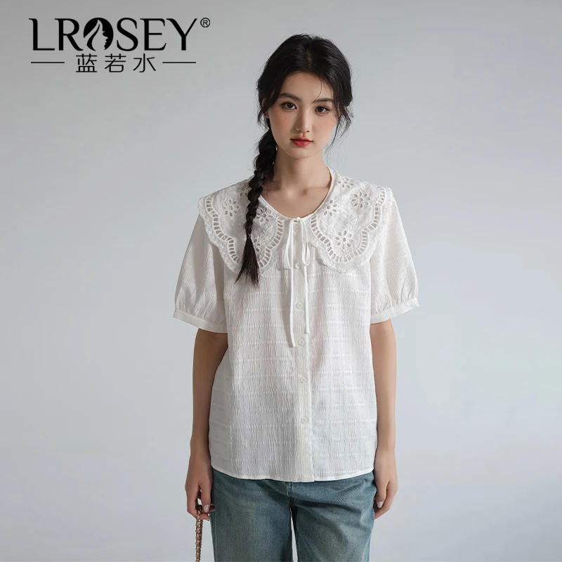 Lrosey/蓝若水大码女装镂空刺绣娃娃领法式上衣显瘦气质衬衫86179