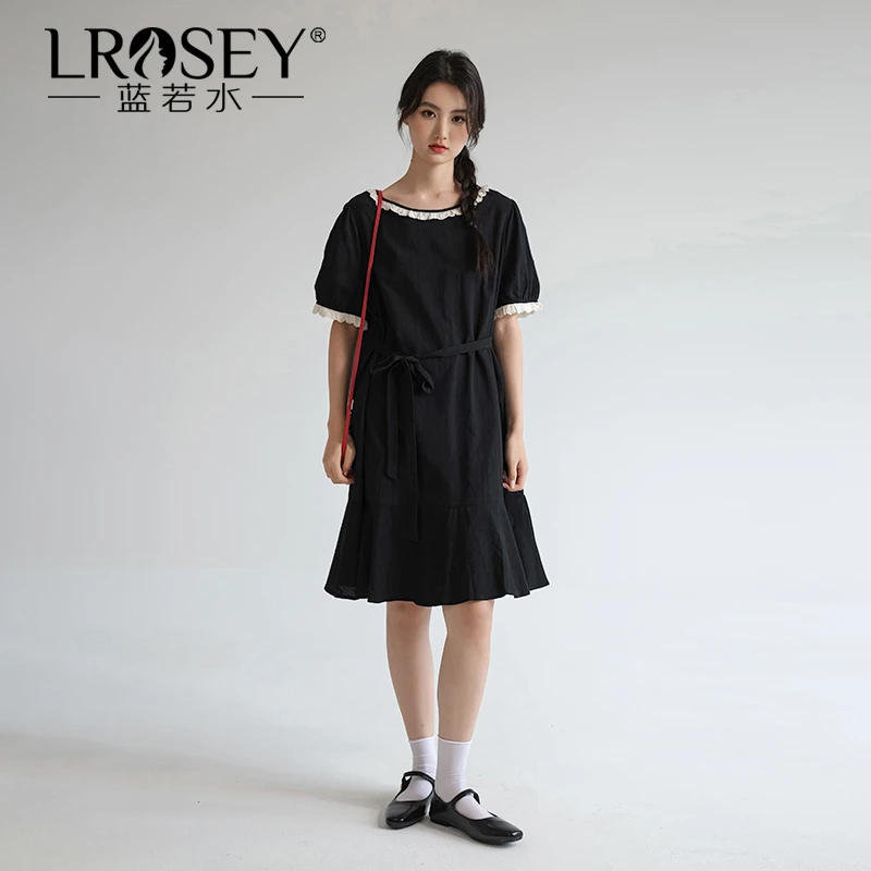 蓝若水大码女装镂空蕾丝圆领连衣裙时尚法式高端裙子0035