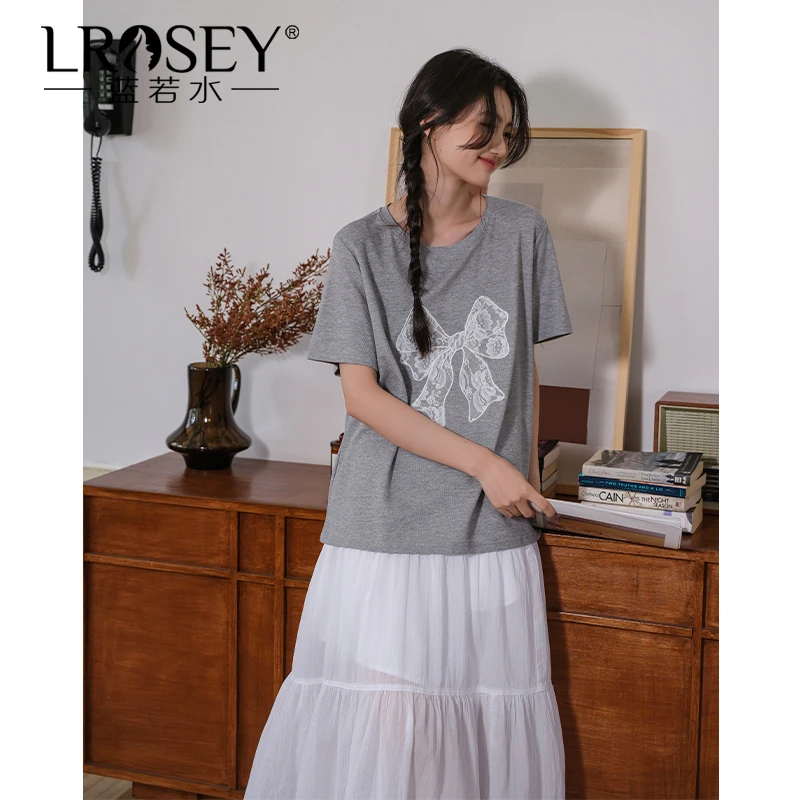 Lrosey/蓝若水大码女装蕾丝蝴蝶结刺绣T恤显瘦甜美正肩上衣86102
