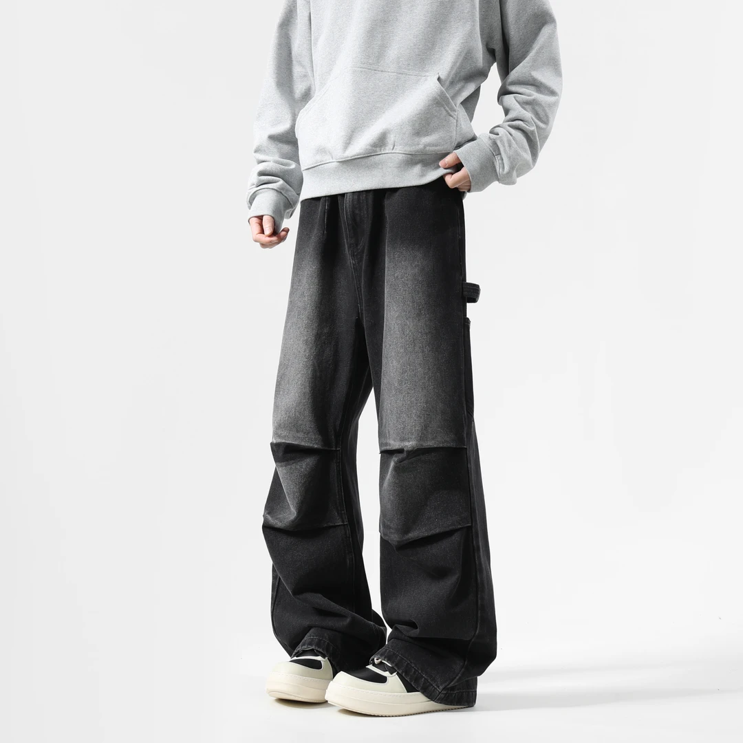 男士高街百搭嘻哈个性宽松爆款褶位重工洗水显高美式牛仔裤情侣