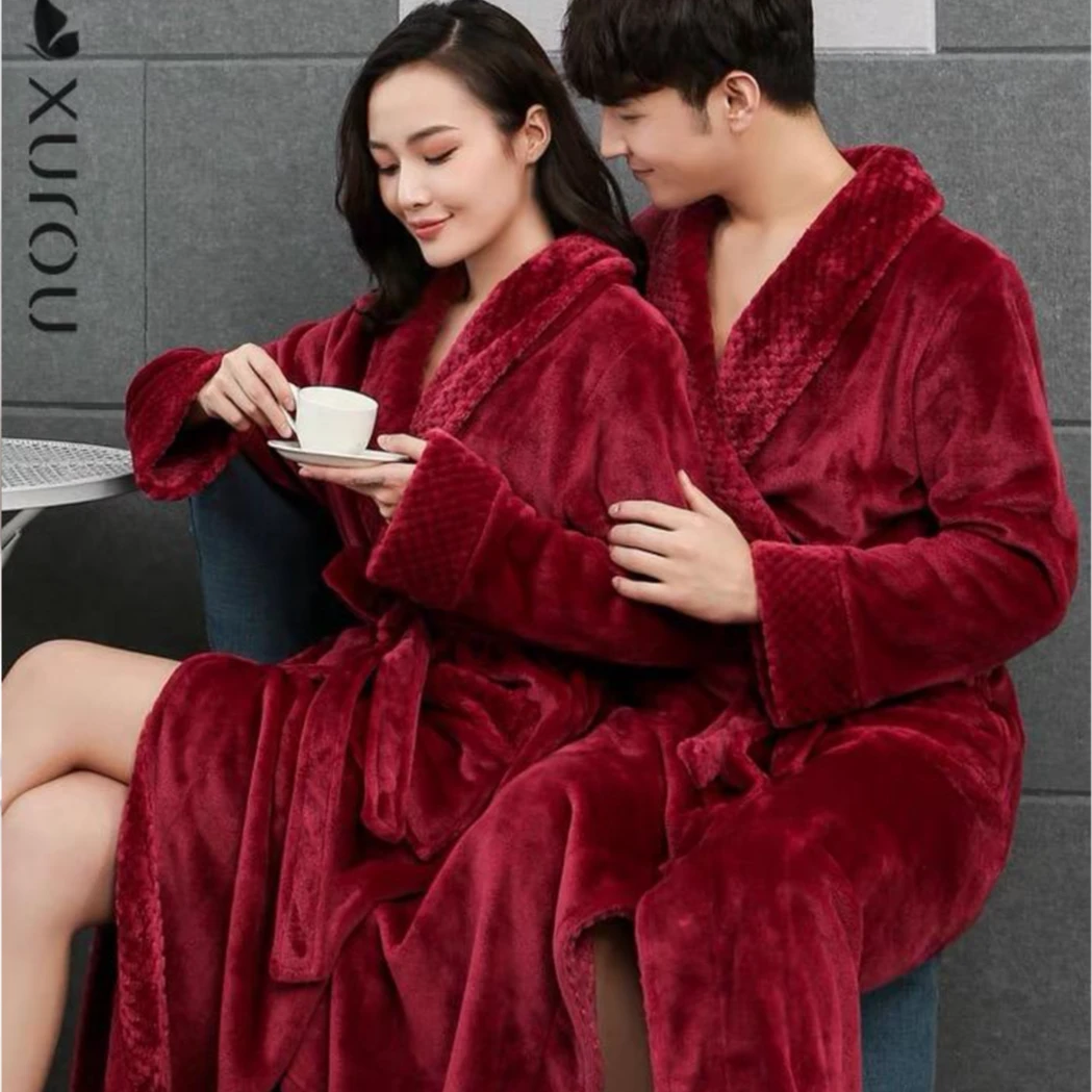 纯色拼接长款睡袍晨袍大码浴袍女士红色加大保暖男士加绒睡衣