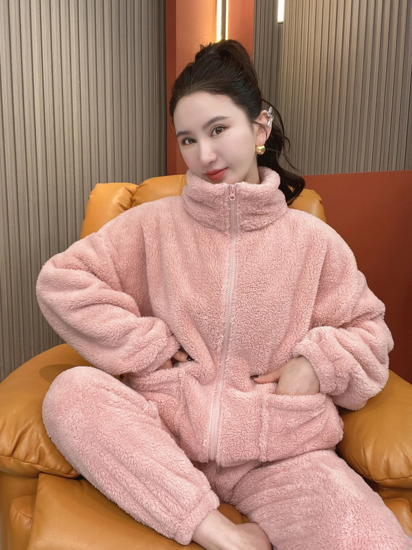 男女同款2024秋冬新款加绒加厚家居服套时尚百搭宽松版睡衣可外穿