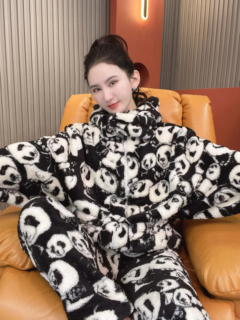 秋冬季新款连帽保暖女士加绒加厚家居服套装气质宽松睡衣可外穿