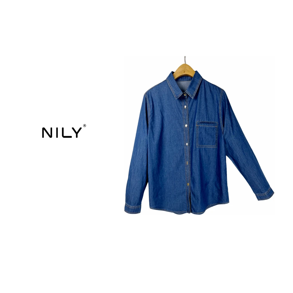 NILY水洗蓝色牛仔长袖春季时尚休闲衬衣女士百搭100棉
