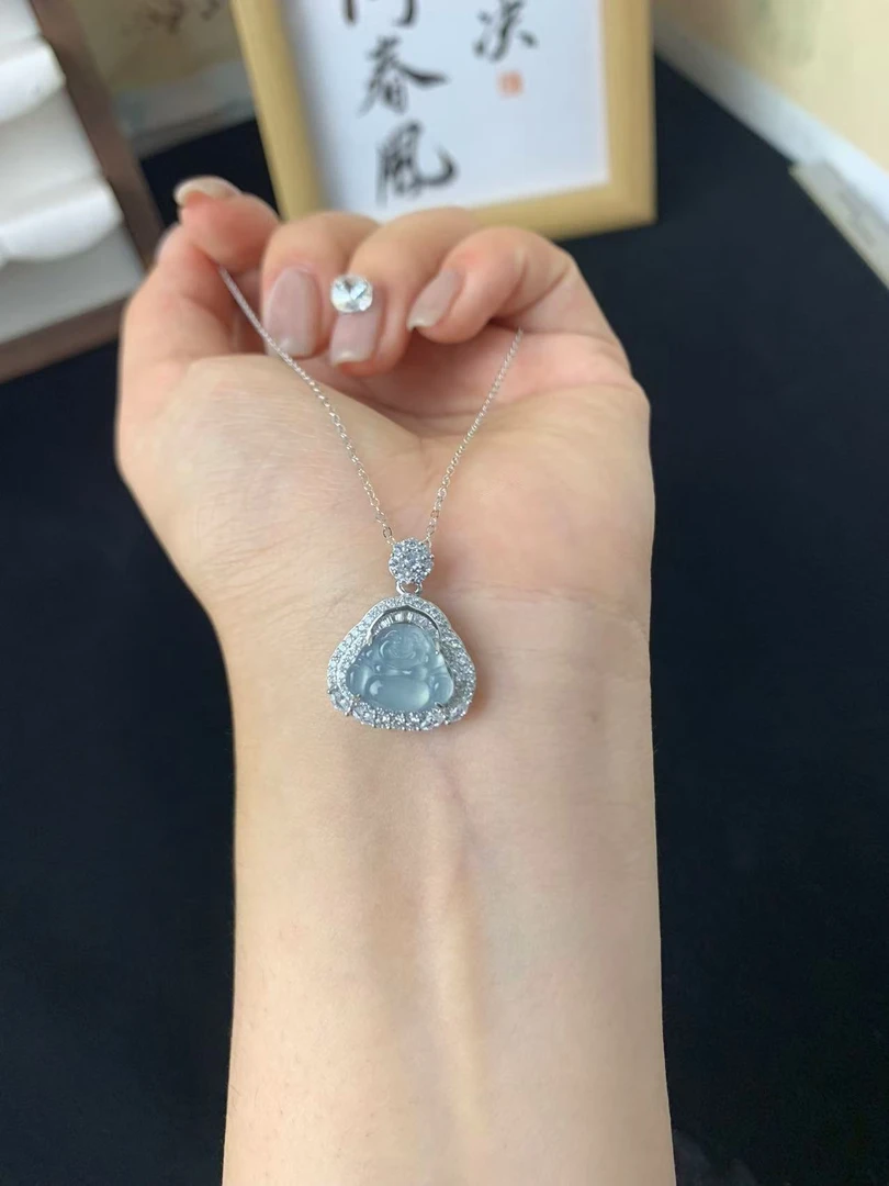 【天然A货翡翠蓝水豪镶嵌佛公】松柏珠宝 多样性发货一个 送银链