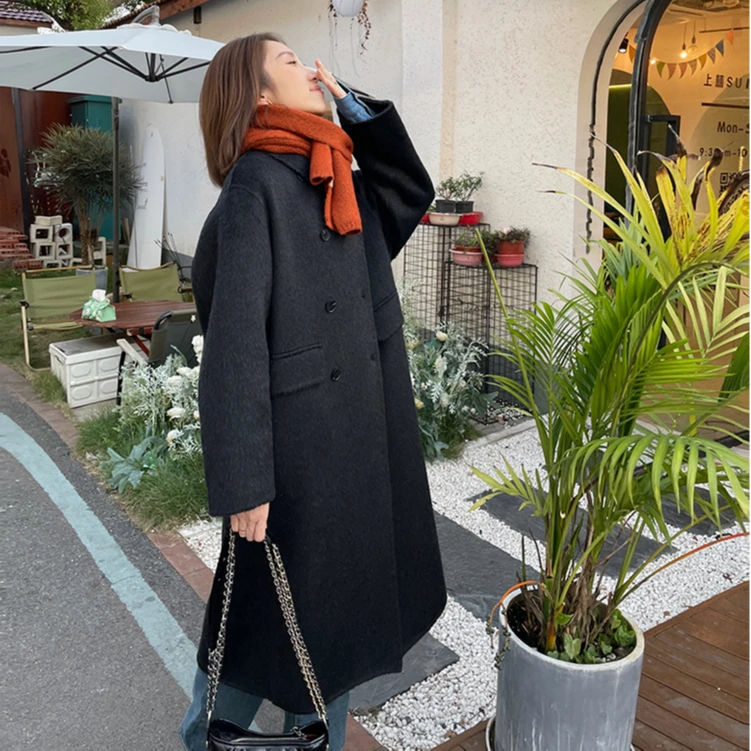小个子宽松慵懒显瘦遮肉秋冬韩版气质时尚中长款双面呢大衣
