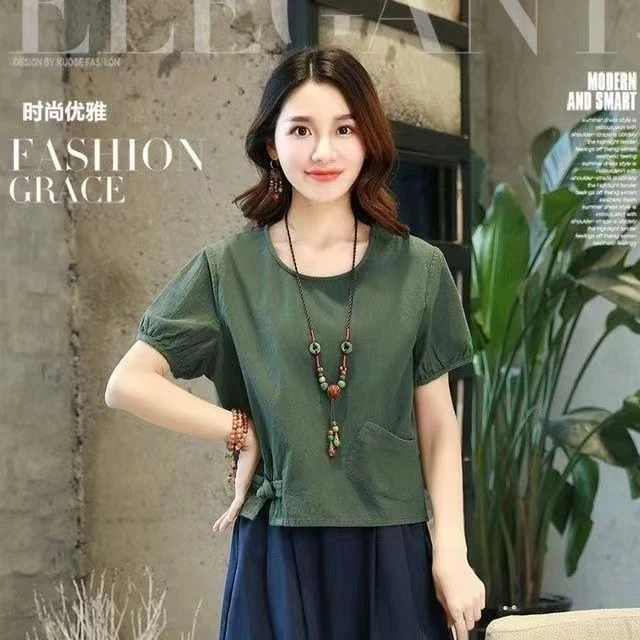 【现货+退换包邮】夏季2025新款T恤大码韩范矮个子上衣棉麻短袖327