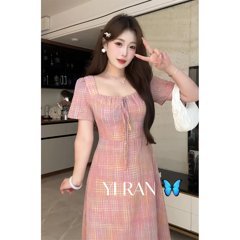 【现货】大码七彩泡泡胖妹货粉粉招桃花温柔玫瑰方领碎花连衣裙9354