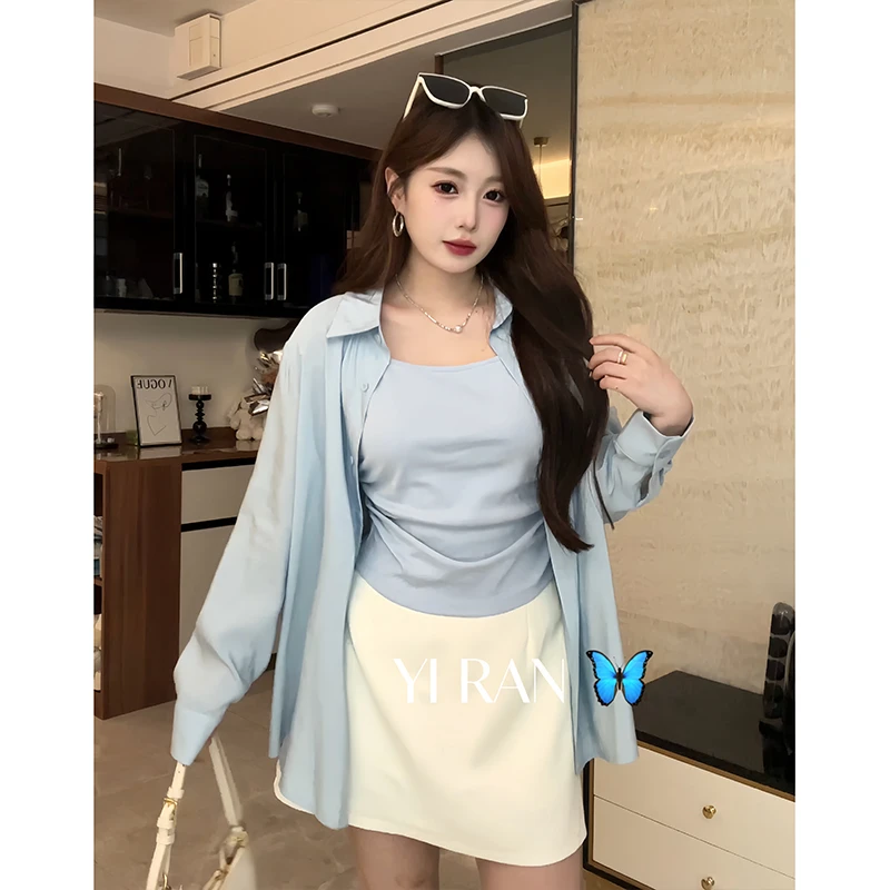 大码蓝色长袖衬衫防晒衣吊带背心套装初秋高腰休闲短裙三件套9775