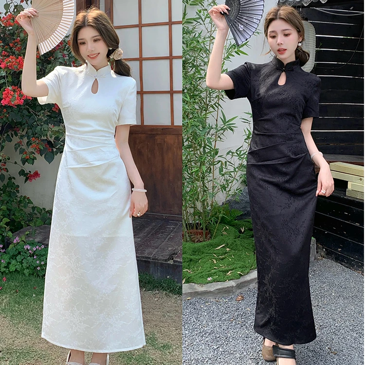 【现货】清光调重工提花气质女复古国风大方新中式开叉连衣裙8909