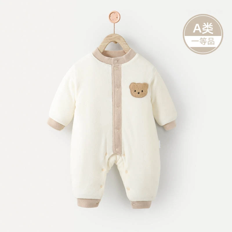 婴儿连体衣秋冬装宝宝外出加厚保暖摇粒绒爬服新生儿哈衣小熊款