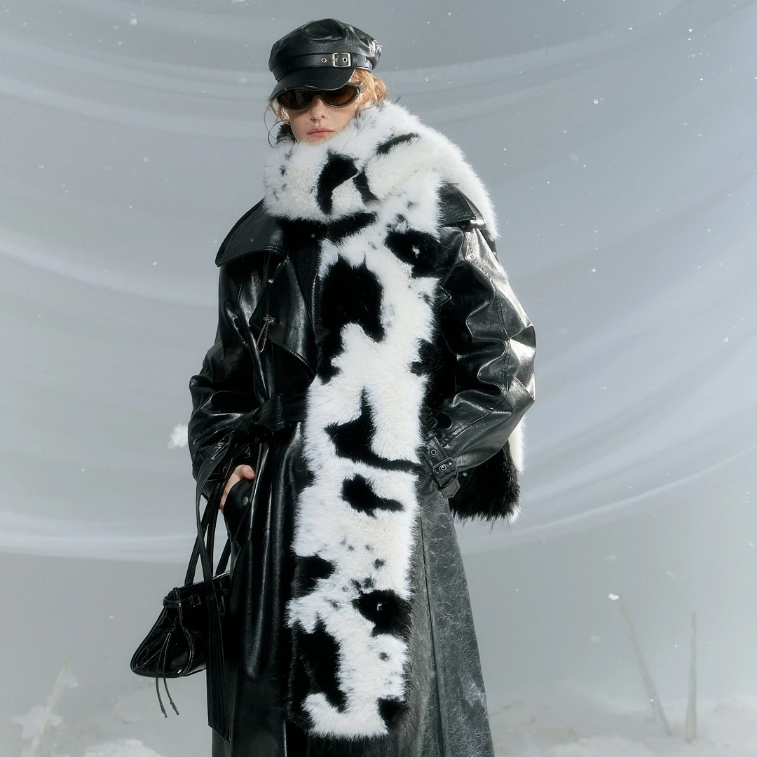 OfAkiva“破碎美学”奶牛纹拼色皮围巾冬季中长款保暖围脖