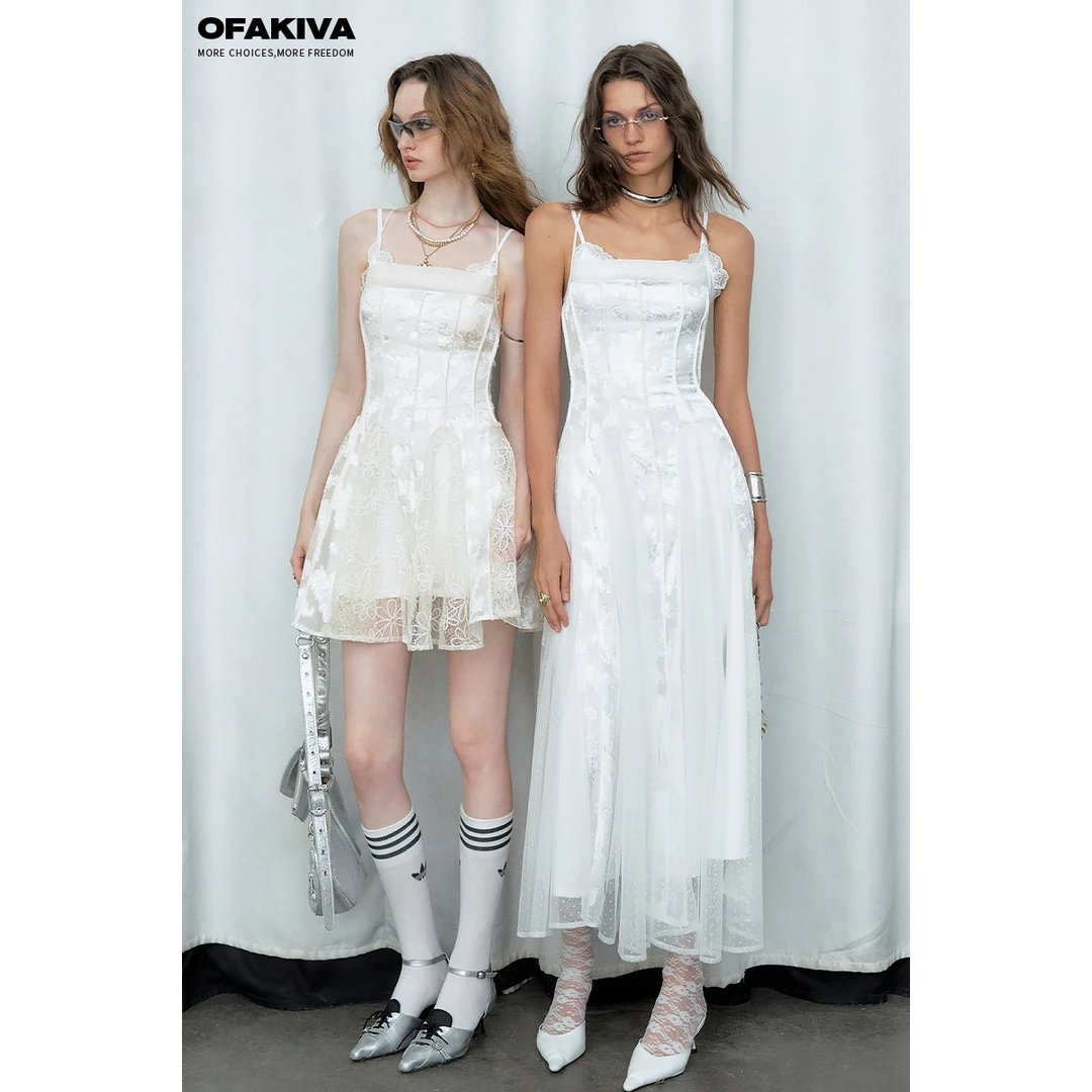 OfAkiva“霏”提花蕾丝拼接打褶两件式连衣裙